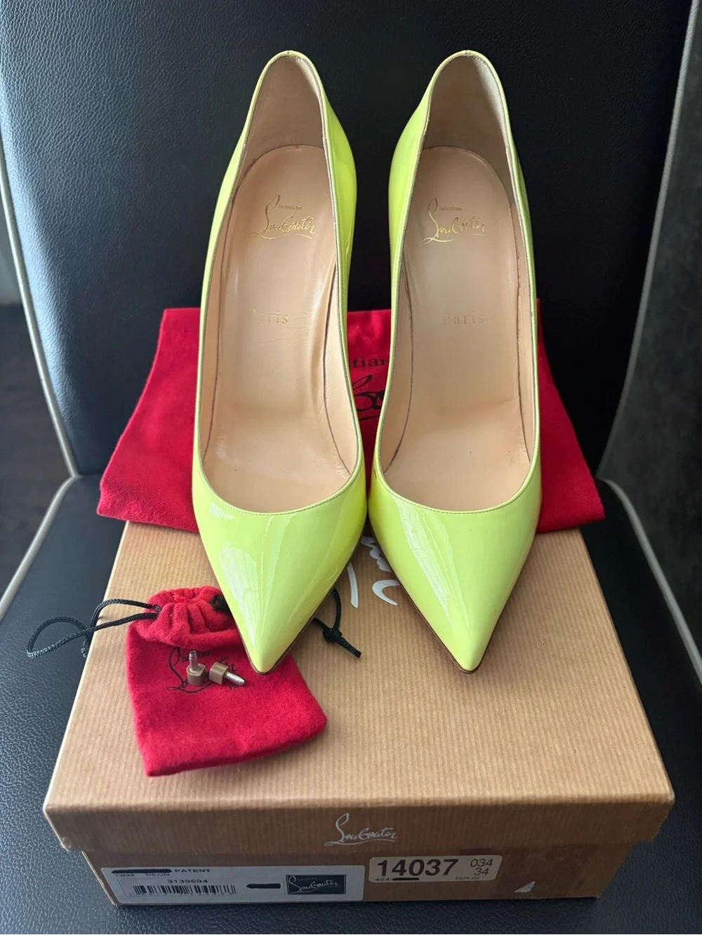Christian Louboutin So Kate Neon Yellow Patent Pointed Toe Pumps 120mm